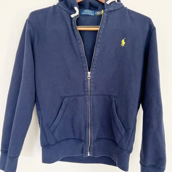 Ralph Lauren Navy Zip-Up Hoodie Small Yellow Polo Logo - Picture 1 of 7